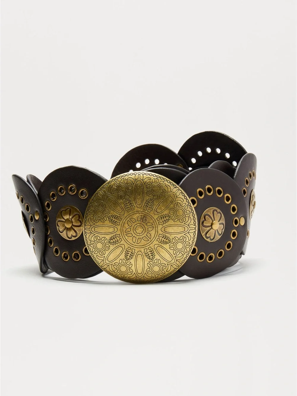 Fashion Nova Dark Brown Leather Belt with Ornate Gold Medallions
